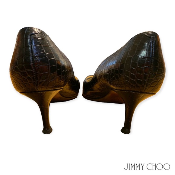 Jimmy Choo Valika Glossy Mock Croc Black Low Heel Peep Toe Pumps Size 6.5 - Picture 6 of 9